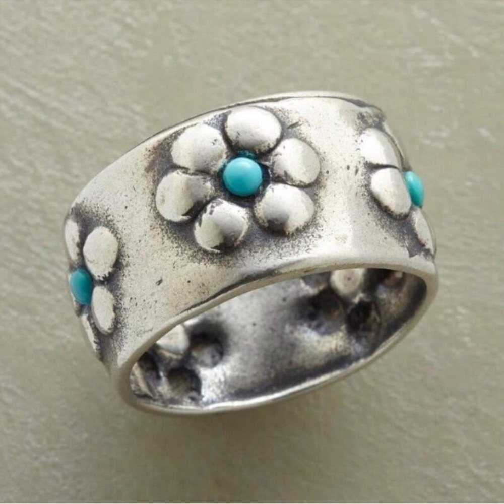 Silver Plated Vintage Look Turquoise Flowers Ring 5 6 7 8 9 10 11 12